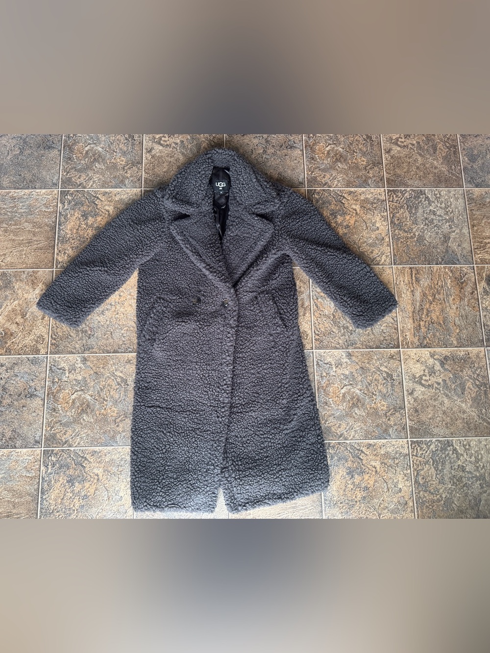 UGG Gertrude Long Teddy Coat- Grey, Women’s Size Medium